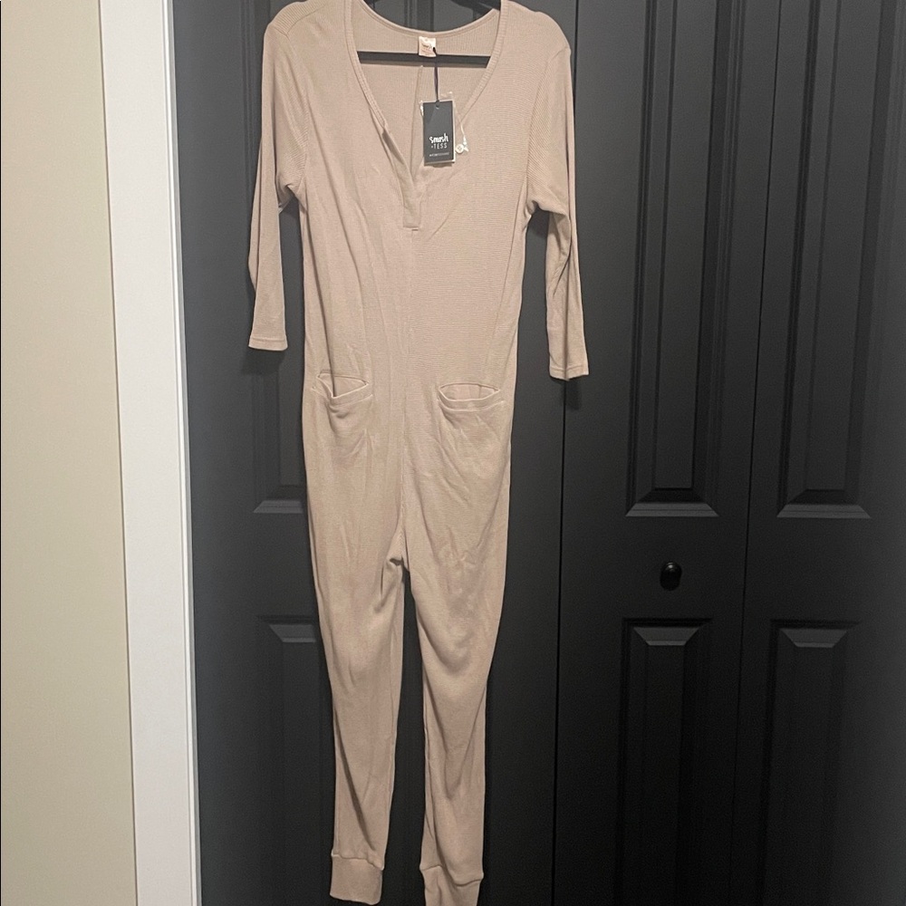 Smash + Tess Beige Textured Waffle Jumpsuit